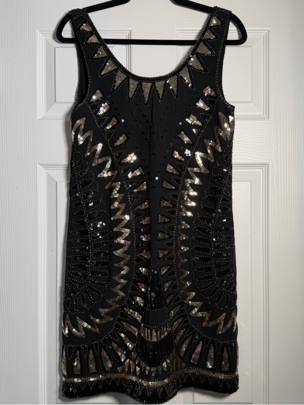 20s Flapper Inspired Semi Formal Black Mini Dress with Gold Sequin Embellishment